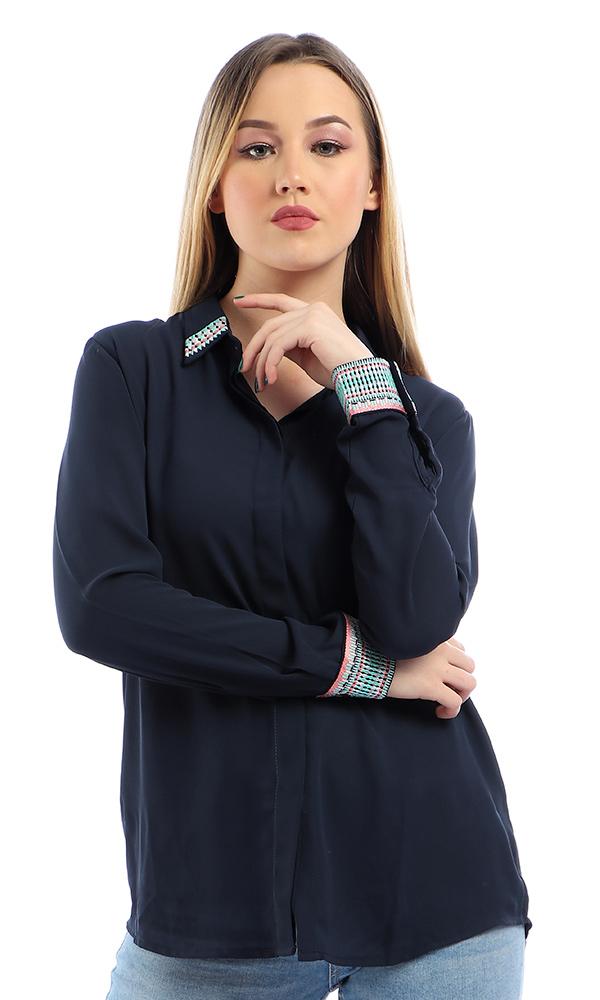 38947 Elegant Stitched Long Sleeves Buttoned Navy Blue Shirt - Ravin 