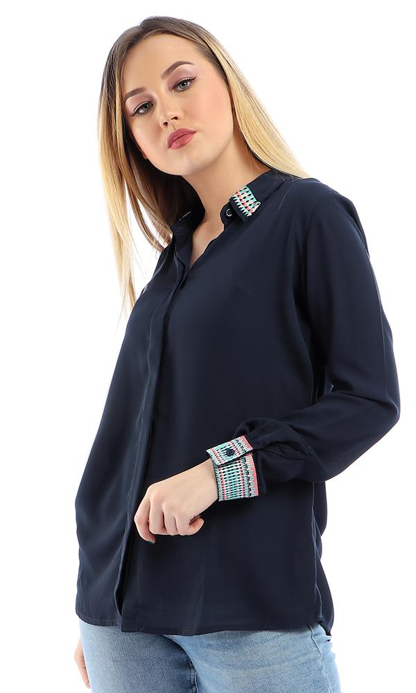 38947 Elegant Stitched Long Sleeves Buttoned Navy Blue Shirt - Ravin 