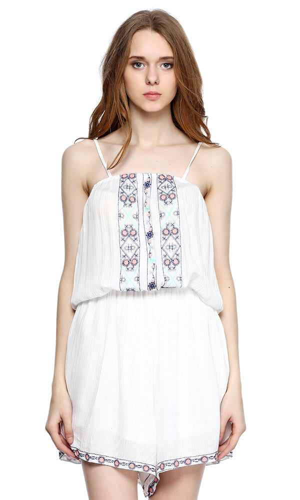 39092 Sleeveless Patterned Playsuit - White