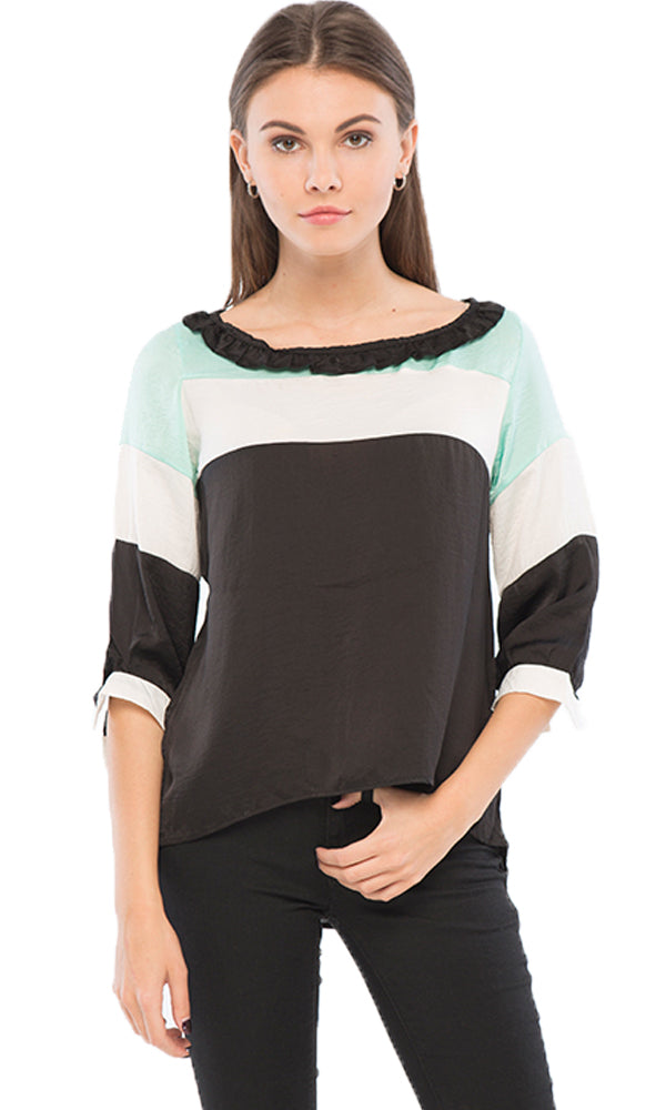 39247 3/4 Sleeves Blouse - Black, White & Mint Green