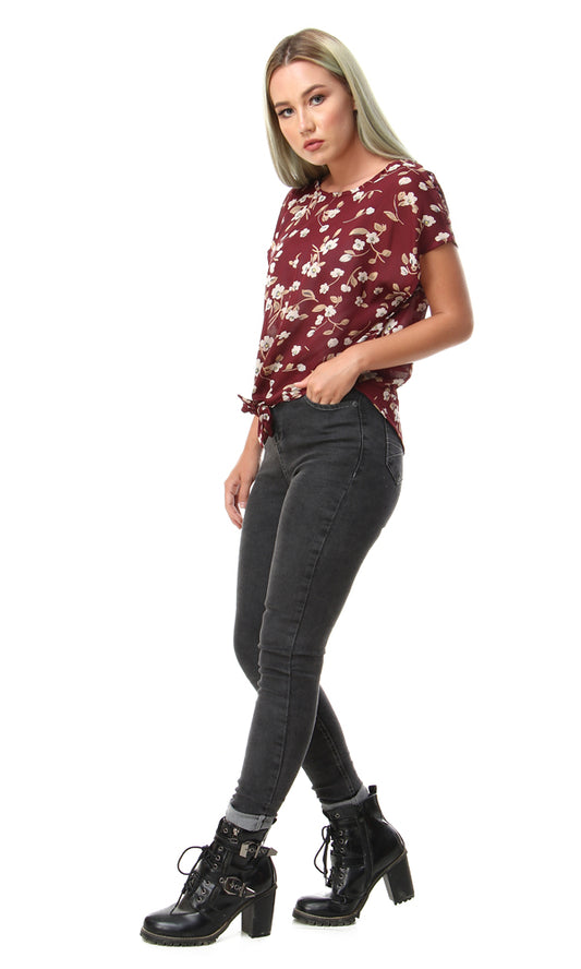 39252 Floral Top - Maroon & Beige