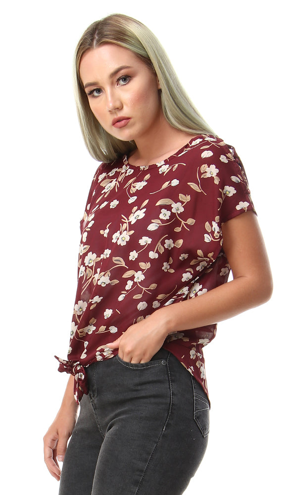 39252 Floral Top - Maroon & Beige