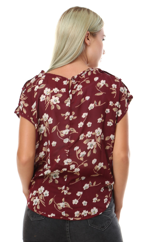 39252 Floral Top - Maroon & Beige