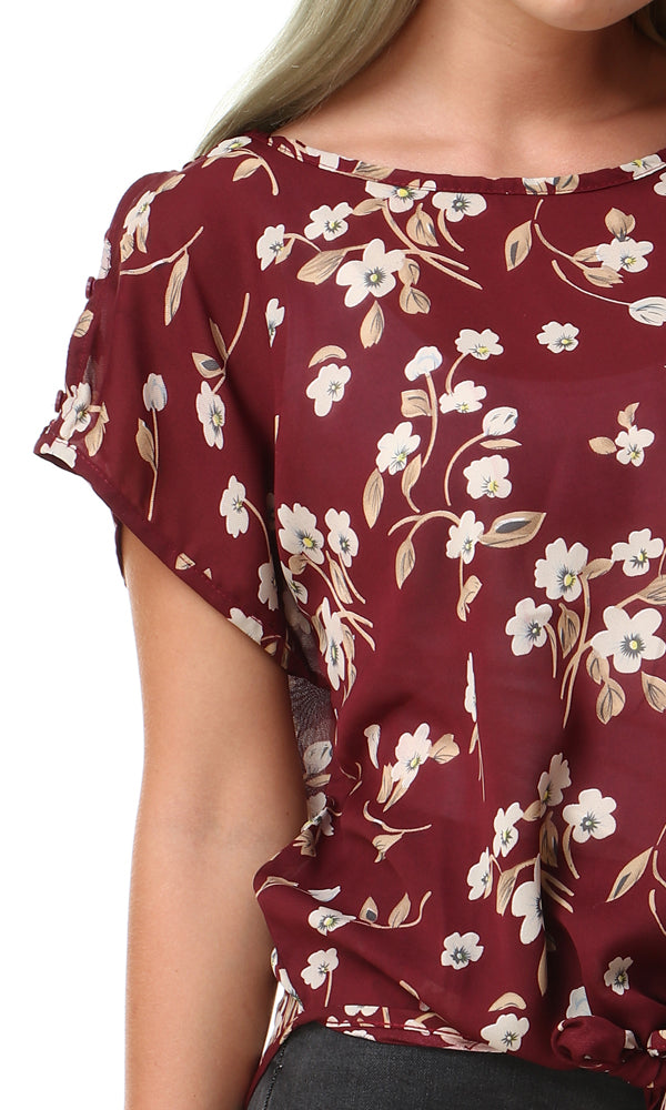 39252 Floral Top - Maroon & Beige