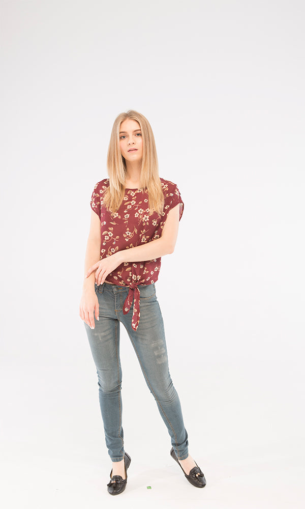 39252 Floral Top - Maroon & Beige