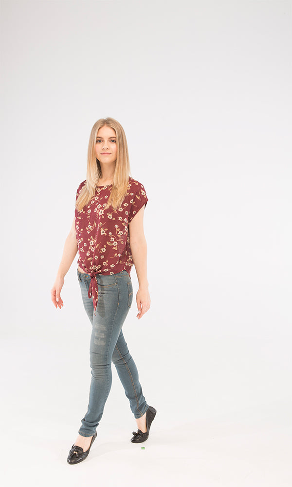 39252 Floral Top - Maroon & Beige