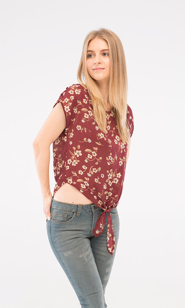 39252 Floral Top - Maroon & Beige