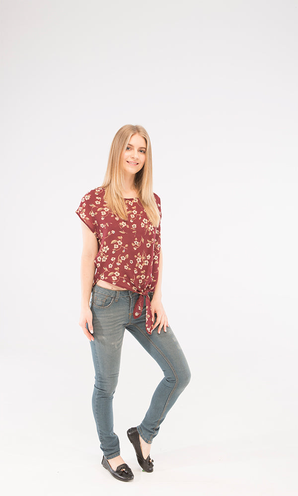 39252 Floral Top - Maroon & Beige