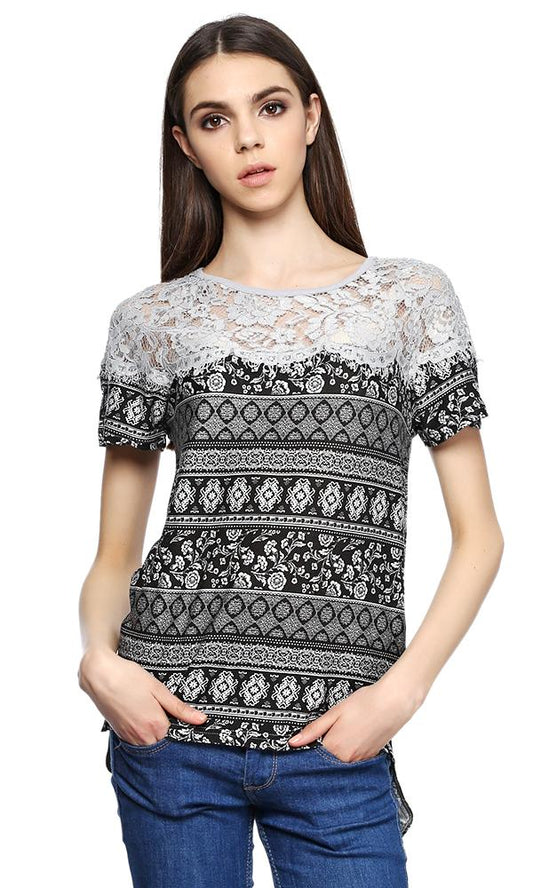 39283 Printed Lace T-Shirt - Black - Ravin 