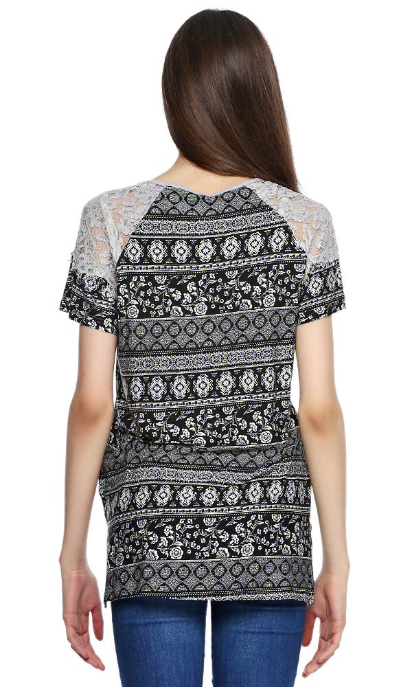 39283 Printed Lace T-Shirt - Black - Ravin 