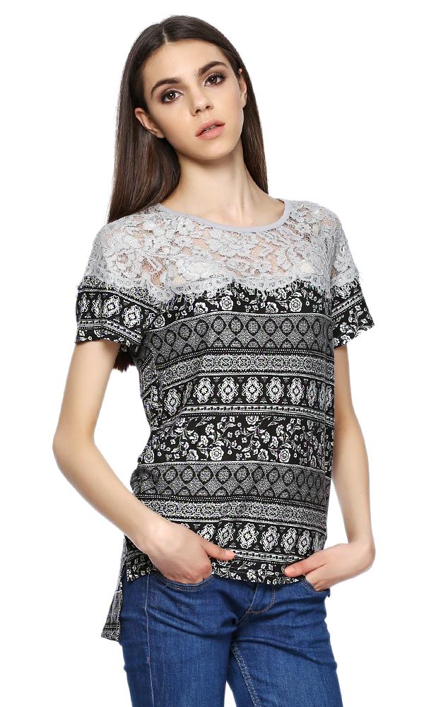 39283 Printed Lace T-Shirt - Black - Ravin 