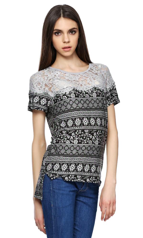 39283 Printed Lace T-Shirt - Black - Ravin 