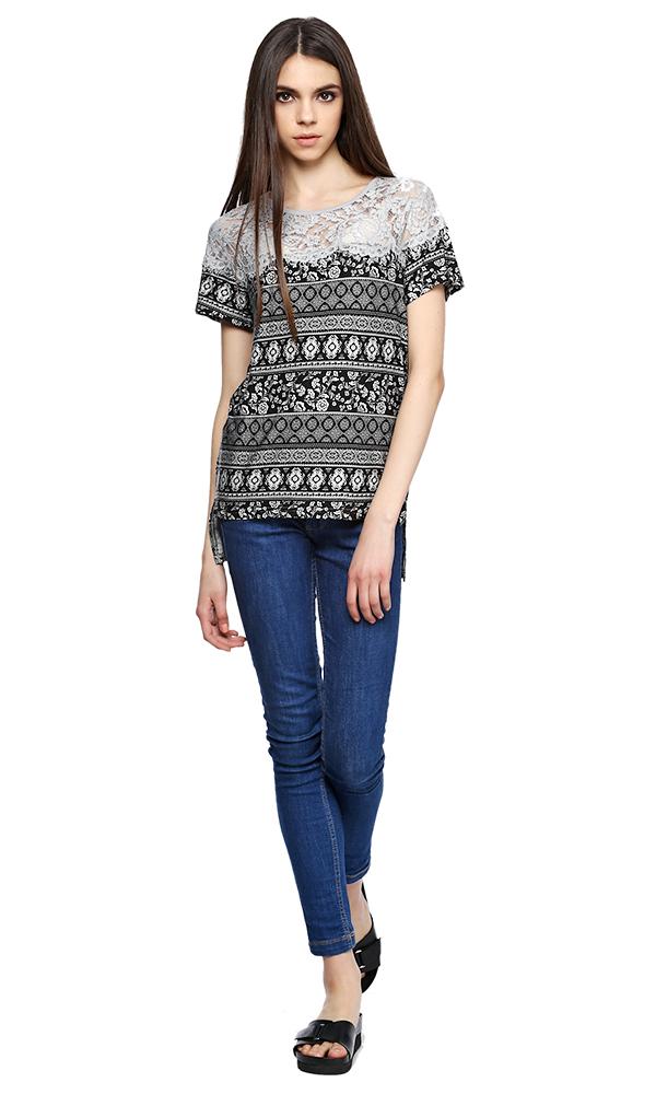 39283 Printed Lace T-Shirt - Black - Ravin 