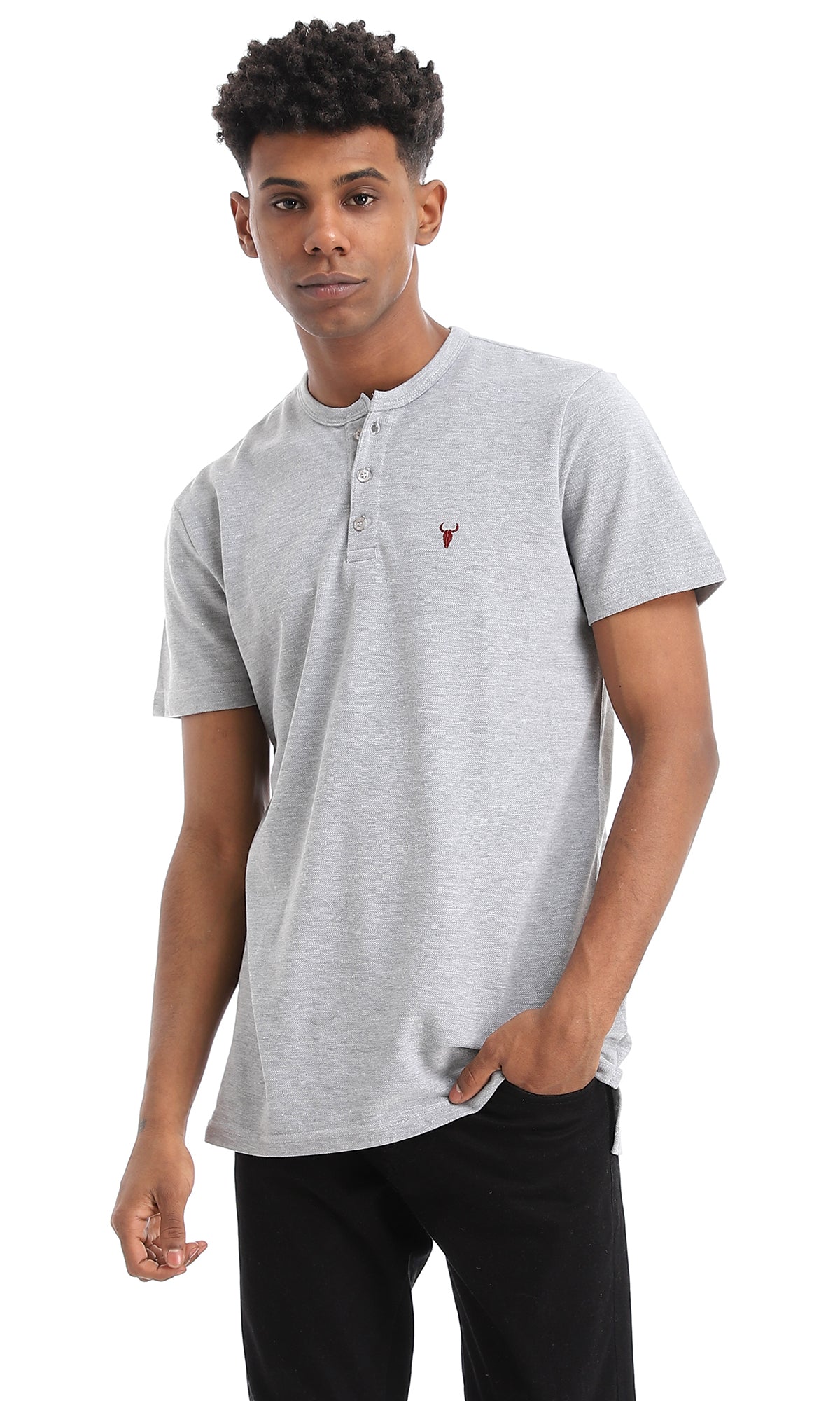 39367 Basic Buttoned Neck Heather Dark Grey Polo Shirt