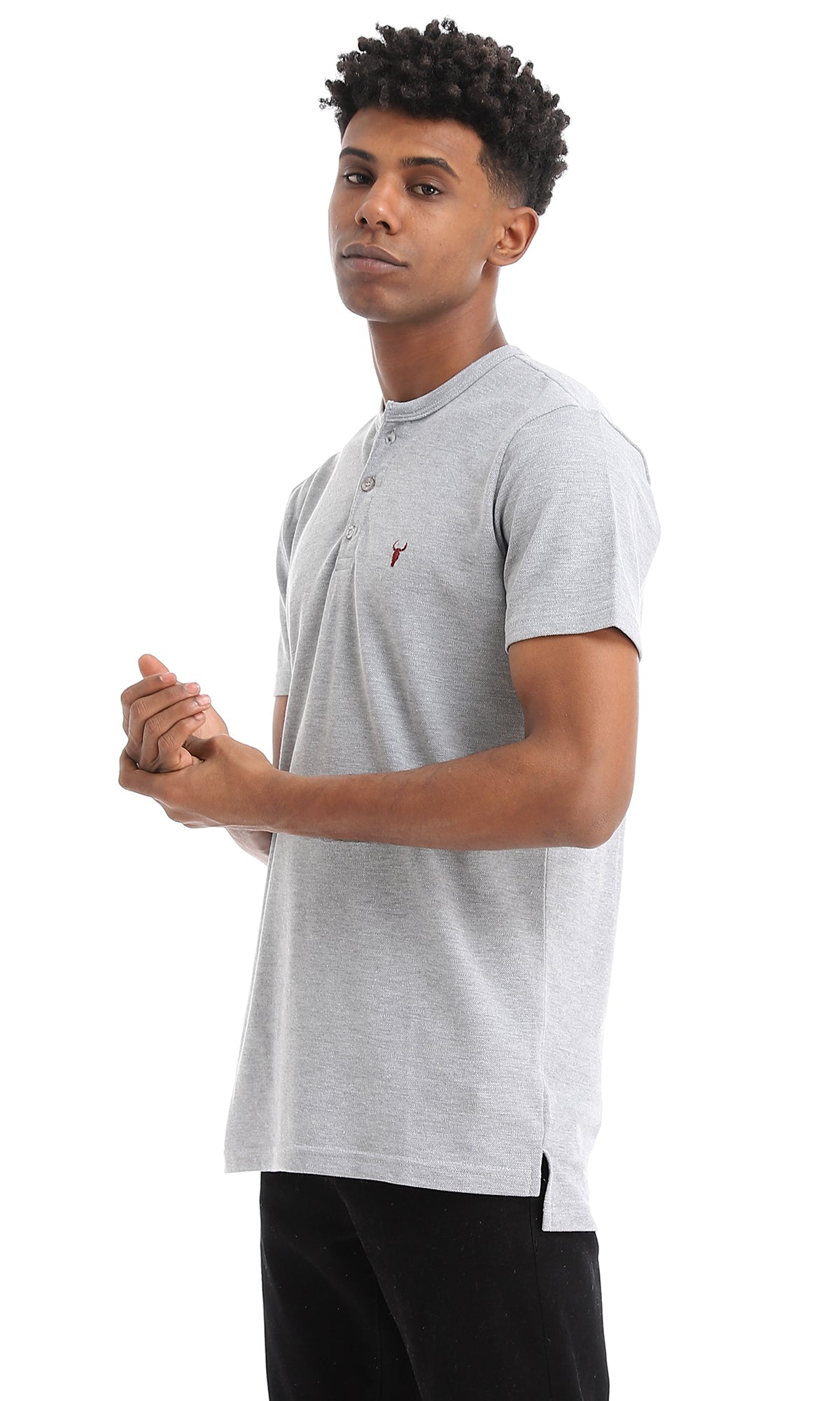 39367 Basic Buttoned Neck Heather Dark Grey Polo Shirt