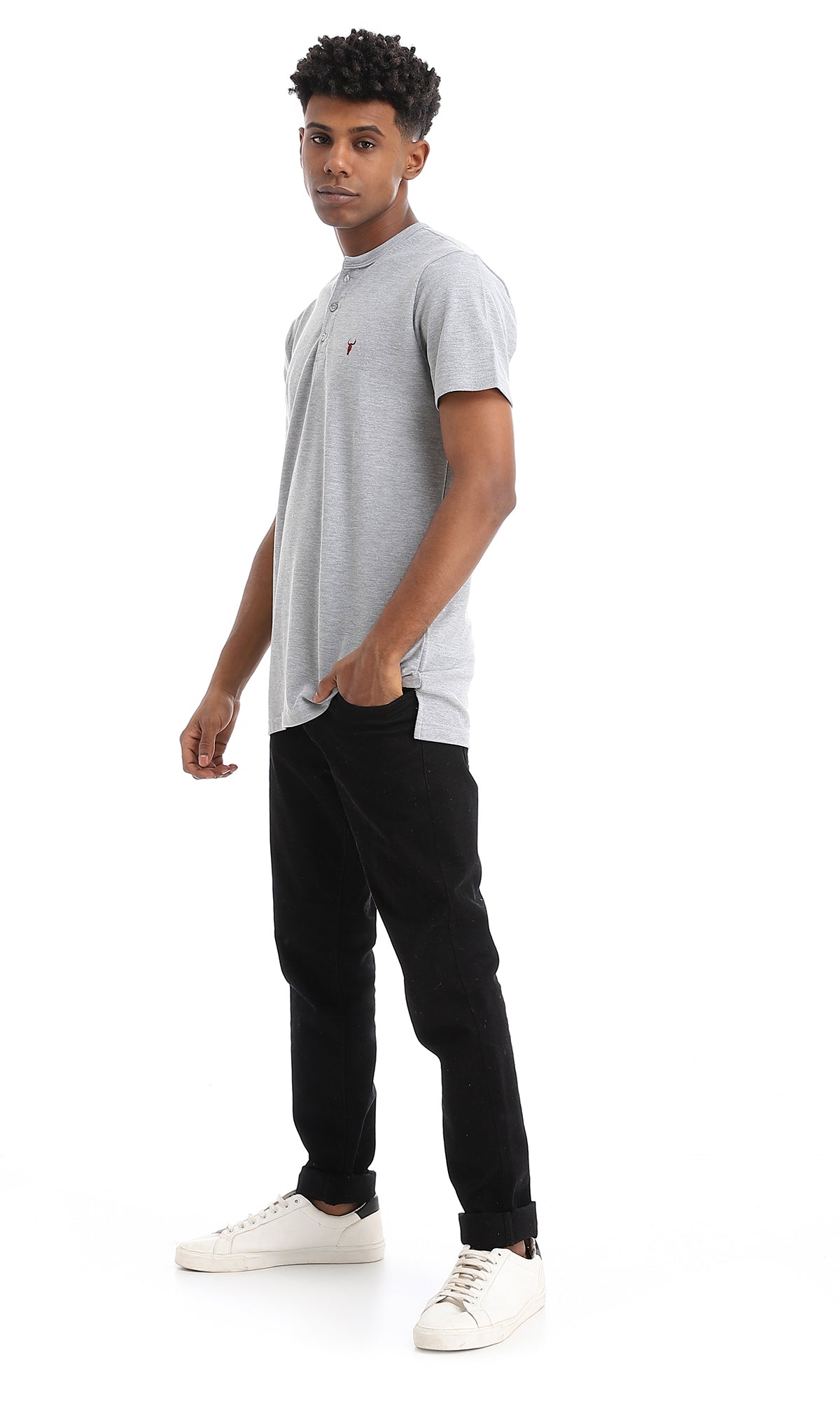 39367 Basic Buttoned Neck Heather Dark Grey Polo Shirt