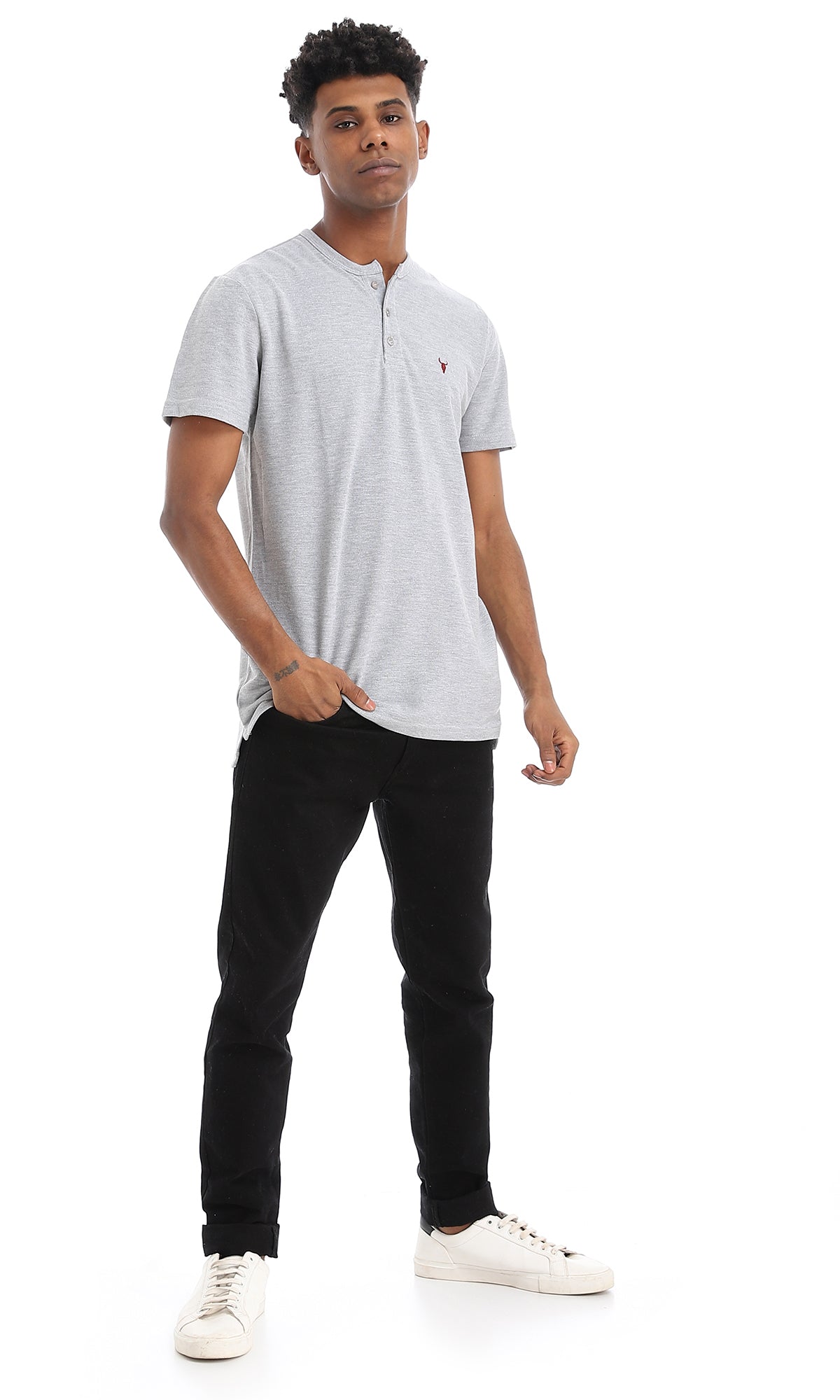 39367 Basic Buttoned Neck Heather Dark Grey Polo Shirt