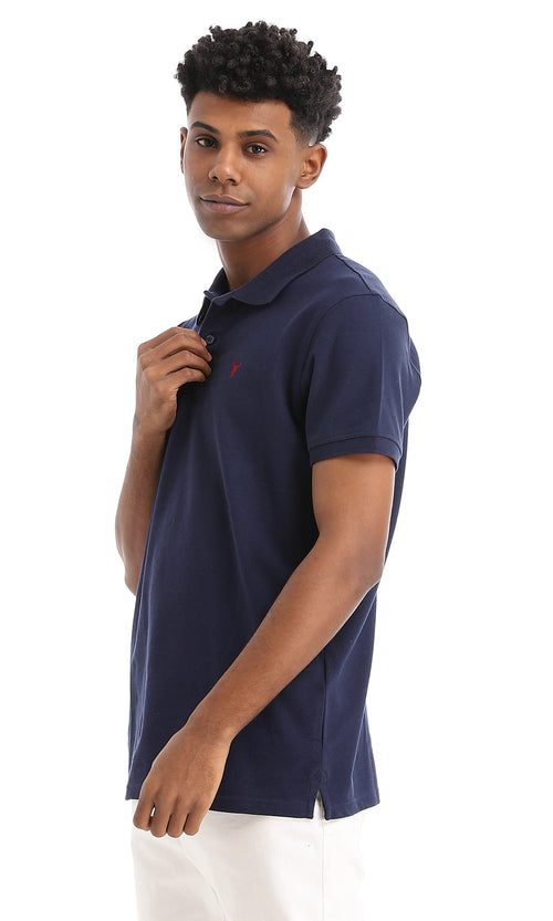 39403 Basic Turn Down Collar Navy Blue Pique Polo Shirt