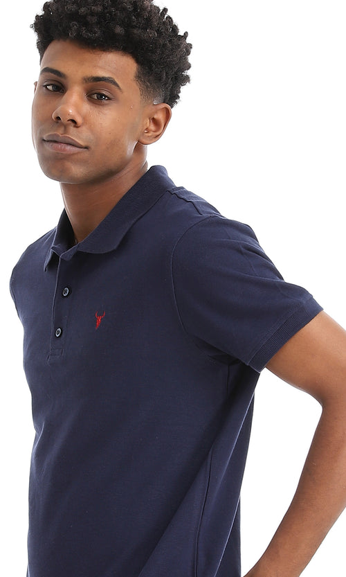 39403 Basic Turn Down Collar Navy Blue Pique Polo Shirt