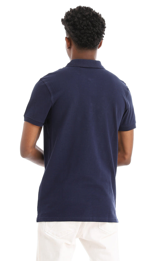 39403 Basic Turn Down Collar Navy Blue Pique Polo Shirt