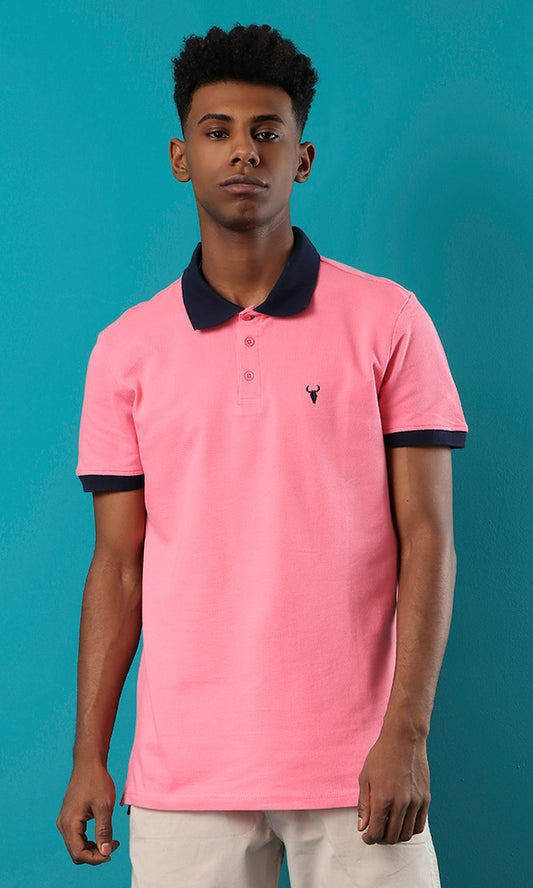 39406 Basic Pink Buttoned Summer Polo Shirt