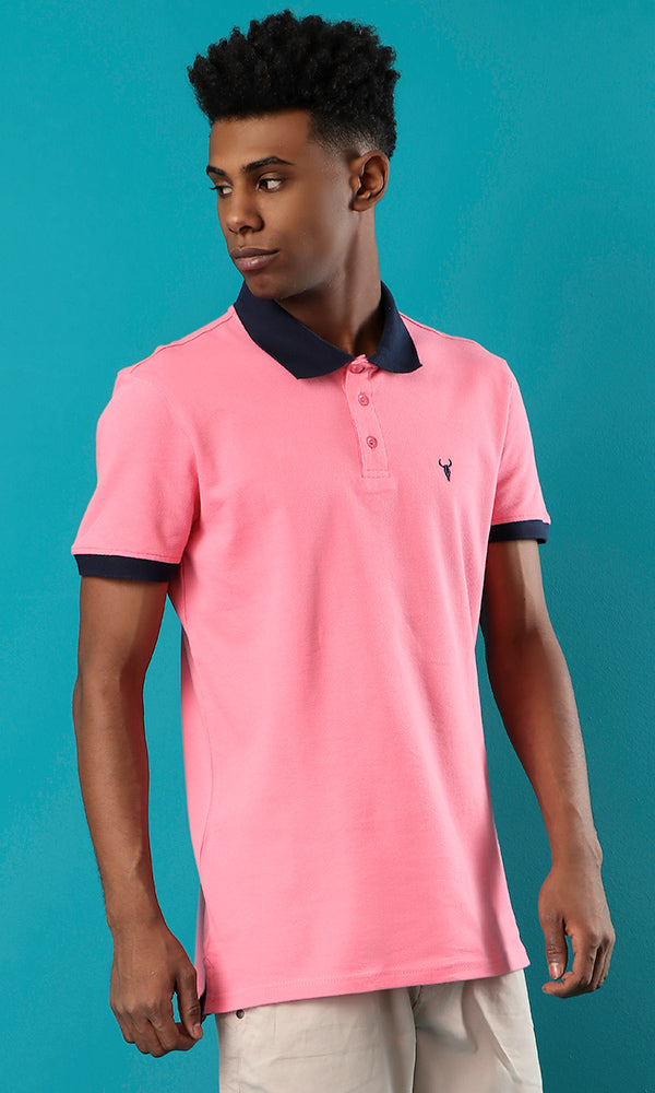 39406 Basic Pink Buttoned Summer Polo Shirt