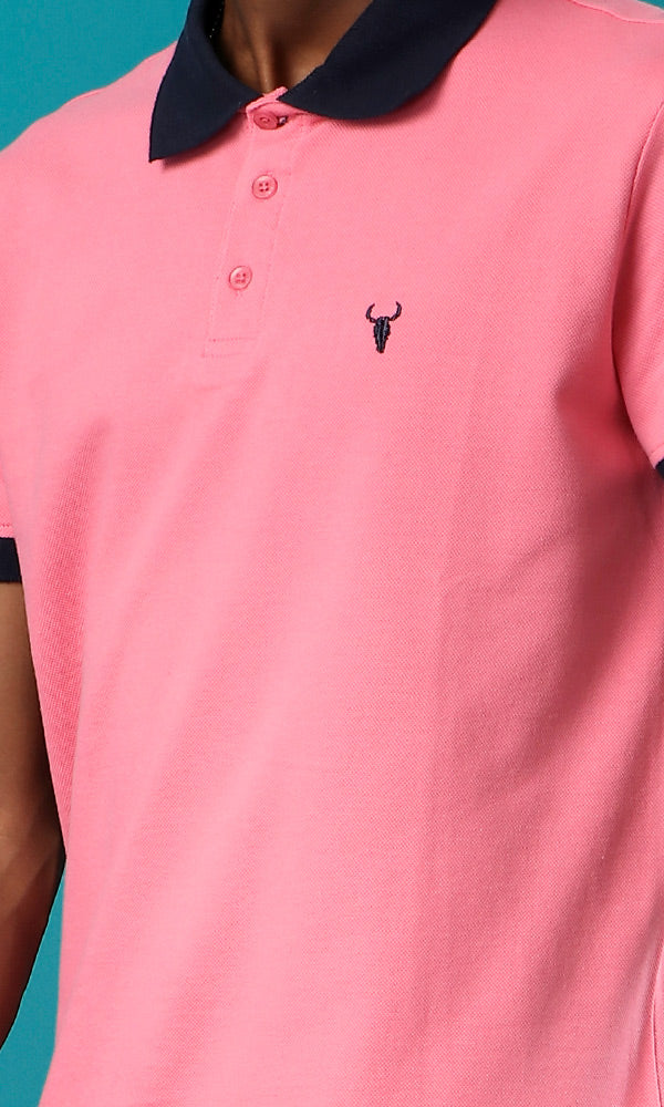 39406 Basic Pink Buttoned Summer Polo Shirt