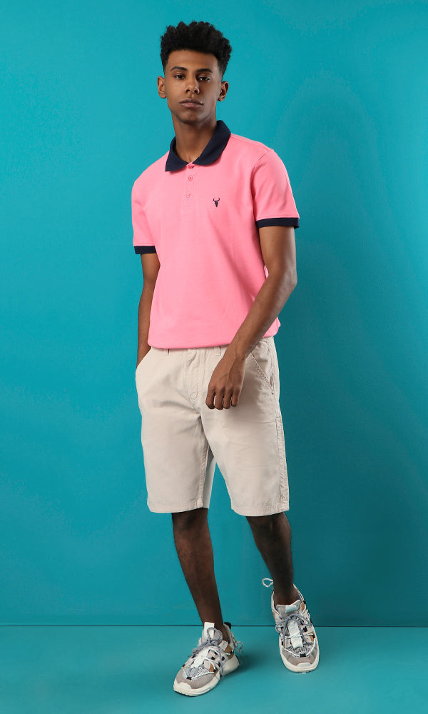 39406 Basic Pink Buttoned Summer Polo Shirt