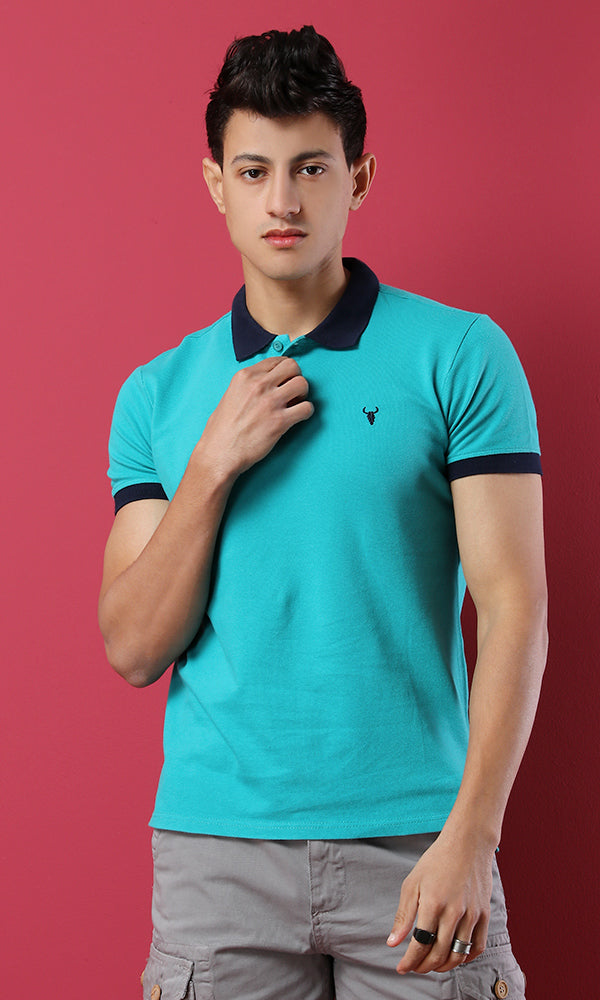 39407 Pique Buttoned Neck Basic Polo Shirt - Light Sea Green