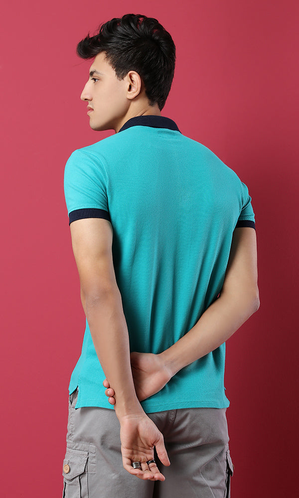 39407 Pique Buttoned Neck Basic Polo Shirt - Light Sea Green