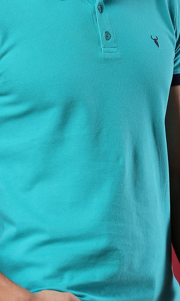 39407 Pique Buttoned Neck Basic Polo Shirt - Light Sea Green