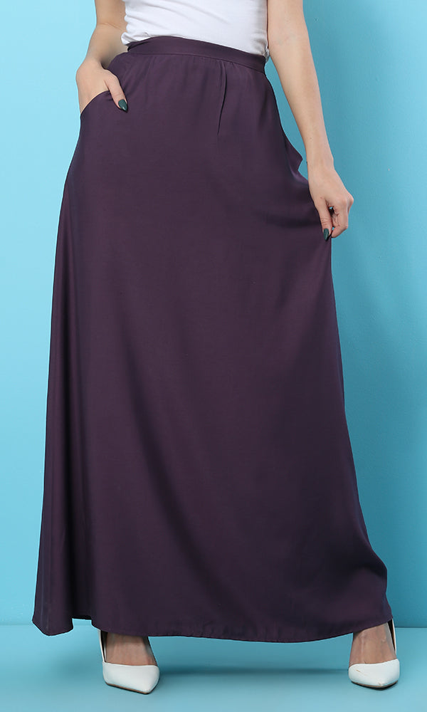 39428 Solid Soft Basic Eggplant Maxi Skirt