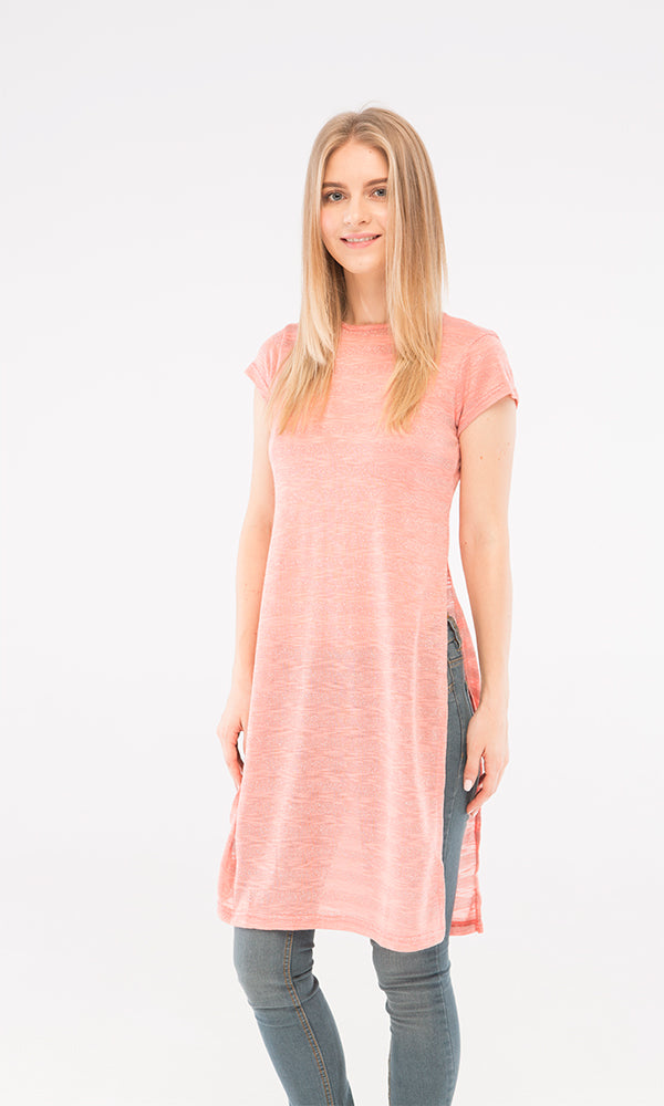 39648 Side Slits Striped Top - Salmon