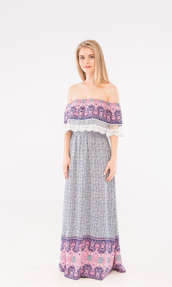 39791 Off Shoulder Maxi Dress - Navy Blue & White