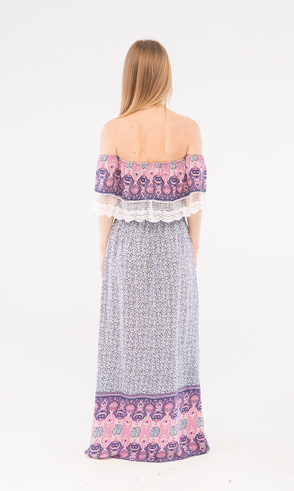 39791 Off Shoulder Maxi Dress - Navy Blue & White