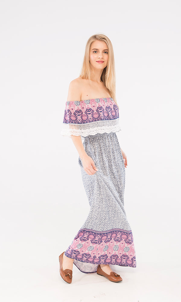 39791 Off Shoulder Maxi Dress - Navy Blue & White