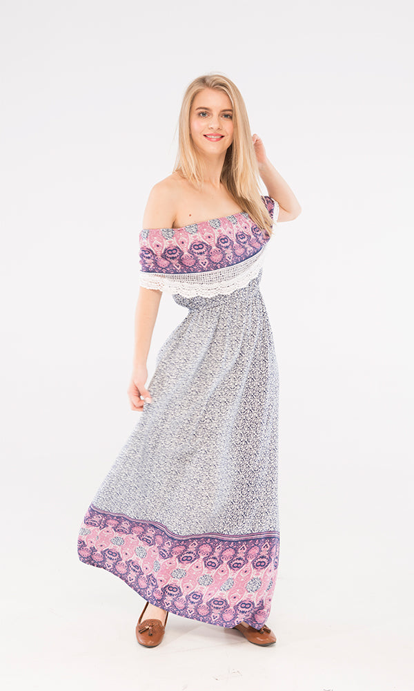 39791 Off Shoulder Maxi Dress - Navy Blue & White