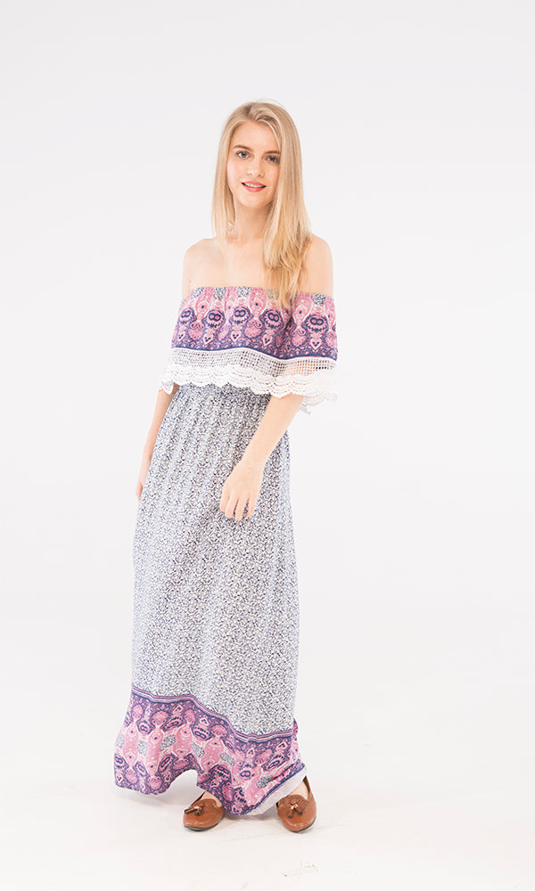 39791 Off Shoulder Maxi Dress - Navy Blue & White