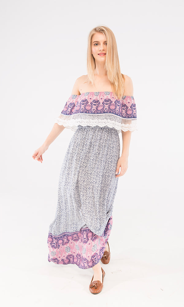 39791 Off Shoulder Maxi Dress - Navy Blue & White