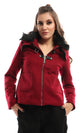 41645 Magnetic Buttons Zipped Burgundy Jacket With Fir Collar