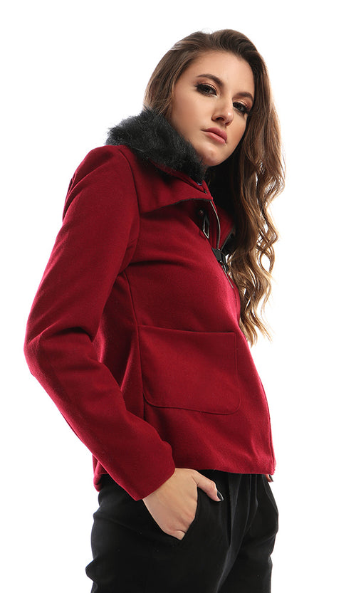 41645 Magnetic Buttons Zipped Burgundy Jacket With Fir Collar