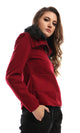 41645 Magnetic Buttons Zipped Burgundy Jacket With Fir Collar