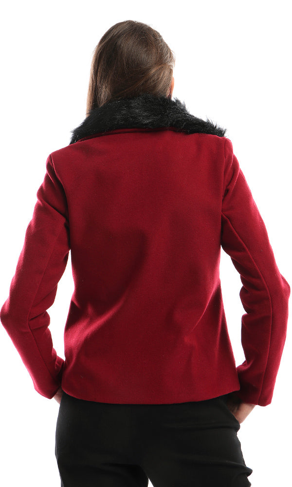 41645 Magnetic Buttons Zipped Burgundy Jacket With Fir Collar