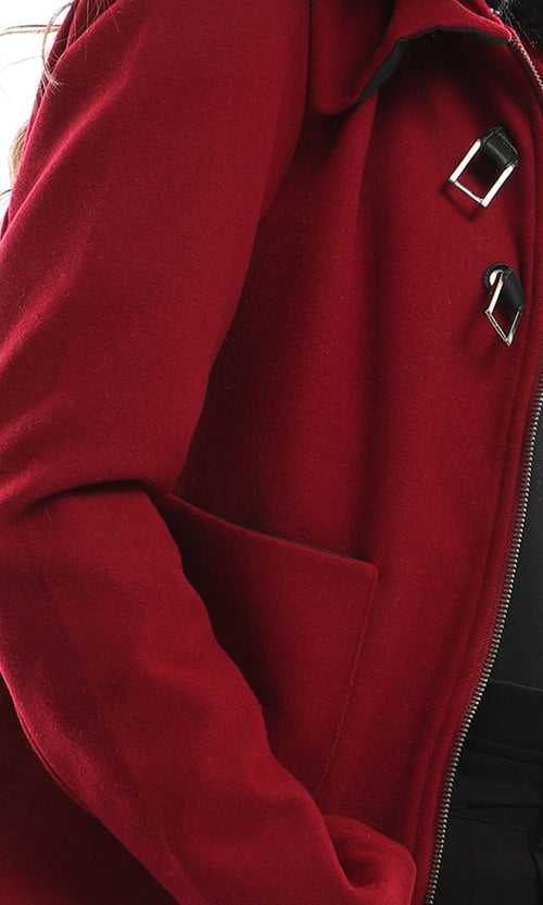 41645 Magnetic Buttons Zipped Burgundy Jacket With Fir Collar