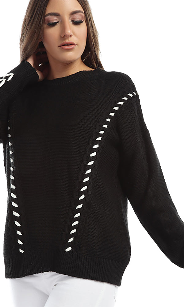 41649 Ruched Hem Bi-Tone Long Sleeves Pullover - Black