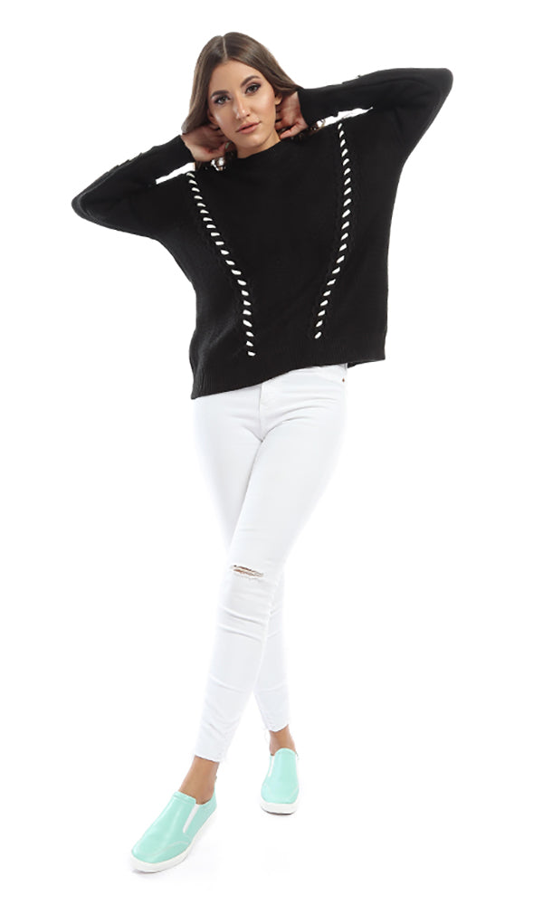 41649 Ruched Hem Bi-Tone Long Sleeves Pullover - Black