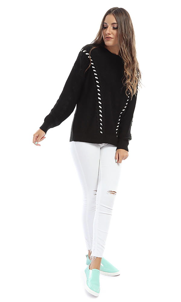 41649 Ruched Hem Bi-Tone Long Sleeves Pullover - Black