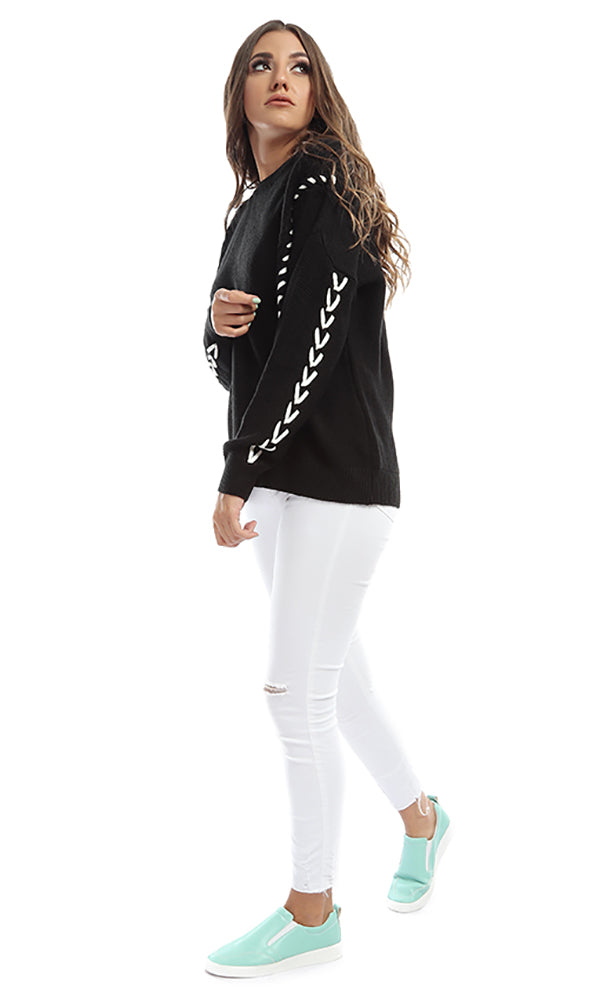 41649 Ruched Hem Bi-Tone Long Sleeves Pullover - Black