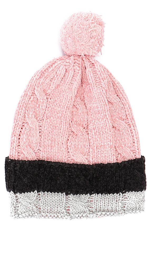 45956 Girls Tri-Tone Knitted Pom Beanie - Pink, Grey & Black - Ravin 