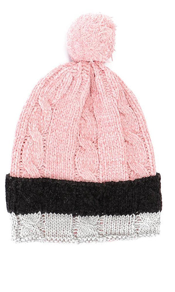 45956 Girls Tri-Tone Knitted Pom Beanie - Pink, Grey & Black - Ravin 